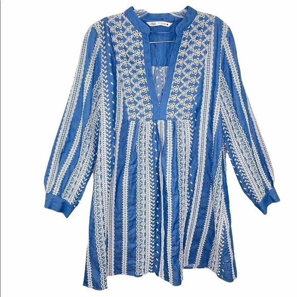 Zara Chambray Denim Eyelet Long Sleeve Smock Dress Sz S - Picture 5 of 13